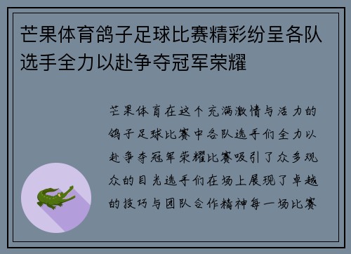 芒果体育鸽子足球比赛精彩纷呈各队选手全力以赴争夺冠军荣耀