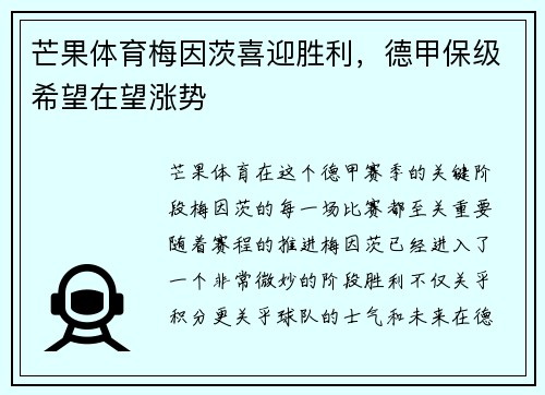 芒果体育梅因茨喜迎胜利，德甲保级希望在望涨势