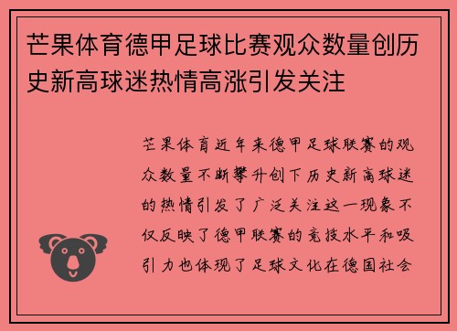 芒果体育德甲足球比赛观众数量创历史新高球迷热情高涨引发关注